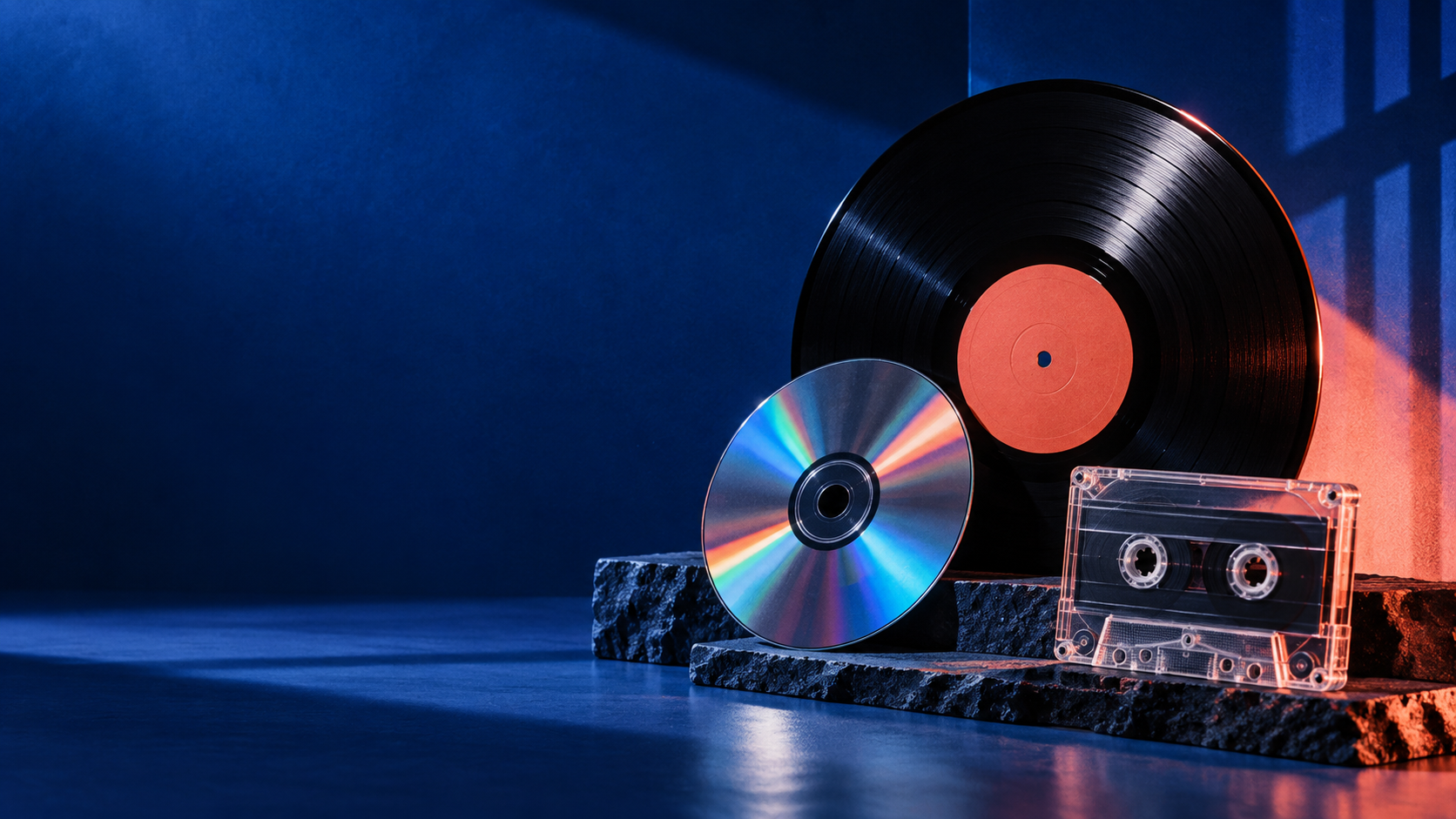 Vinyl record, compact disc and cassette arranged in a blue and coral studio scene